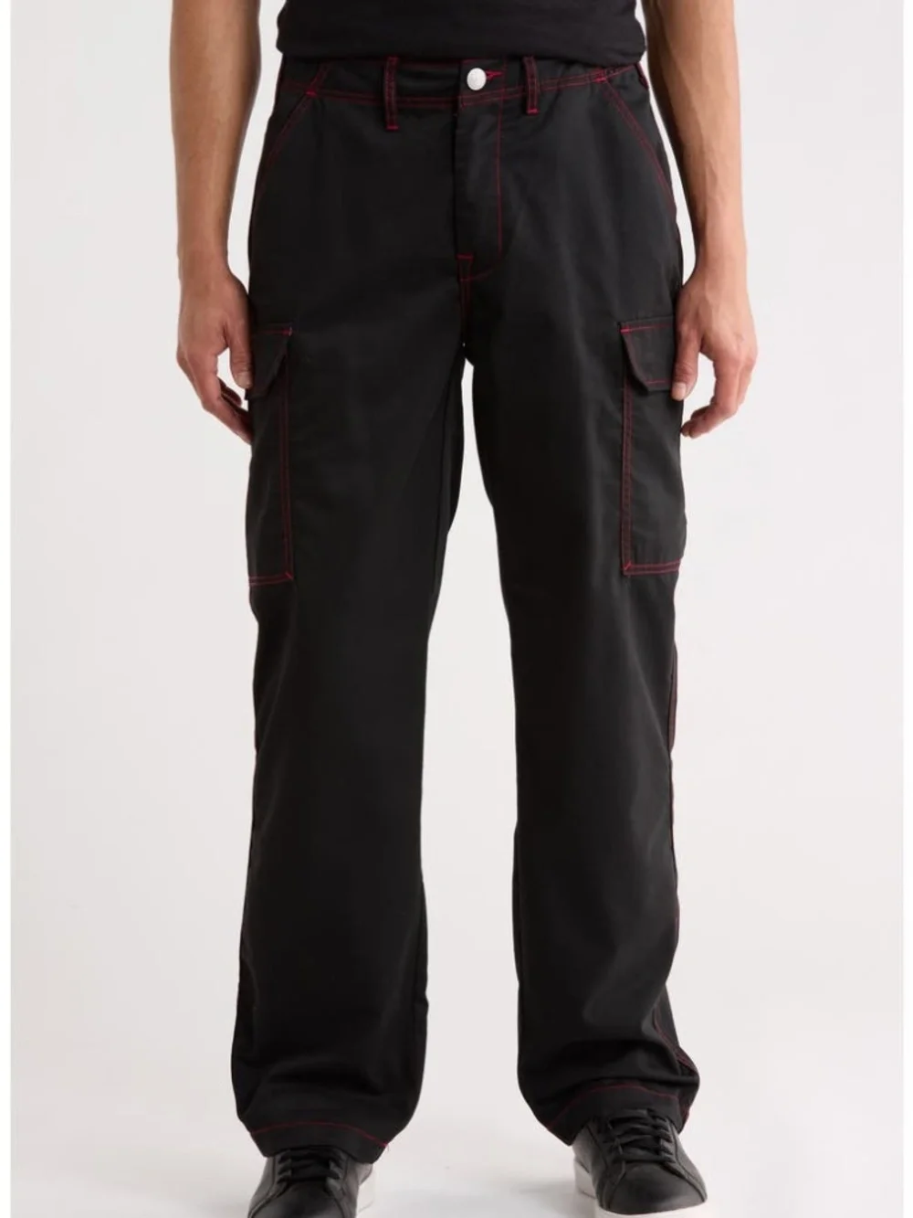 NEW True Religion Horseshoe Outline Cargo Jeans Jet Black Red Stitching Men's 30